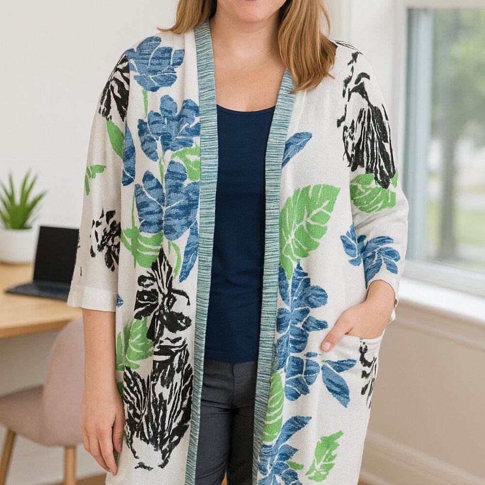 NWT FunSport Floral Cardigan XL Blue Green Open Front Lightweight Spring Resort